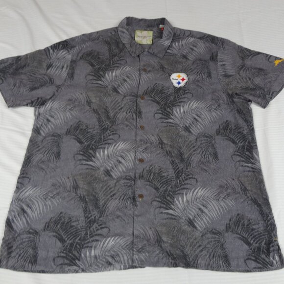 TOMMY BAHAMA FOOTBALL PITTSBURGH STEELERS SILK GRAY BUTTON UP MENS XXL SHIRT L21 - Picture 1 of 6